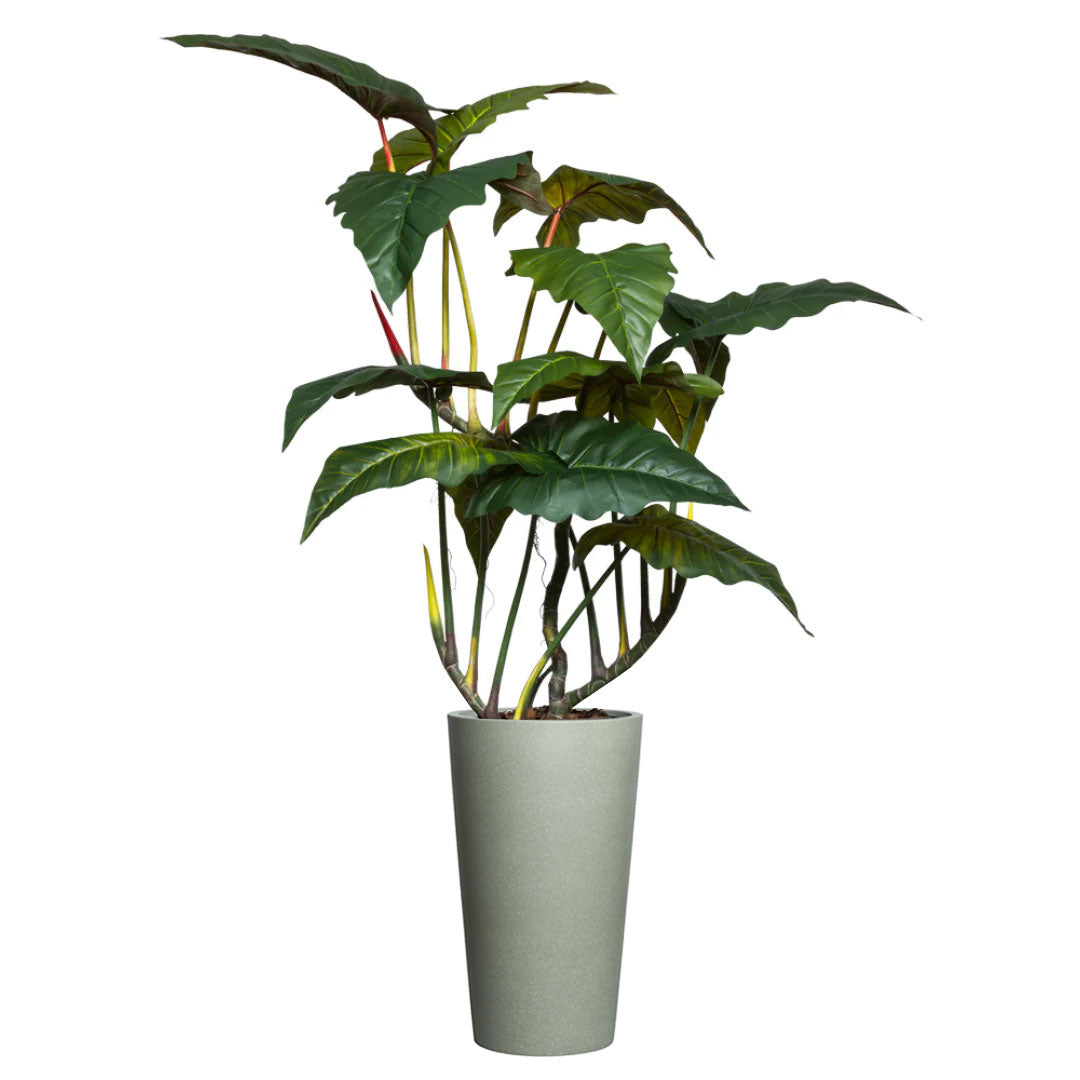 Tall artificial Philodendron plant with large green leaves in a modern greystone planter